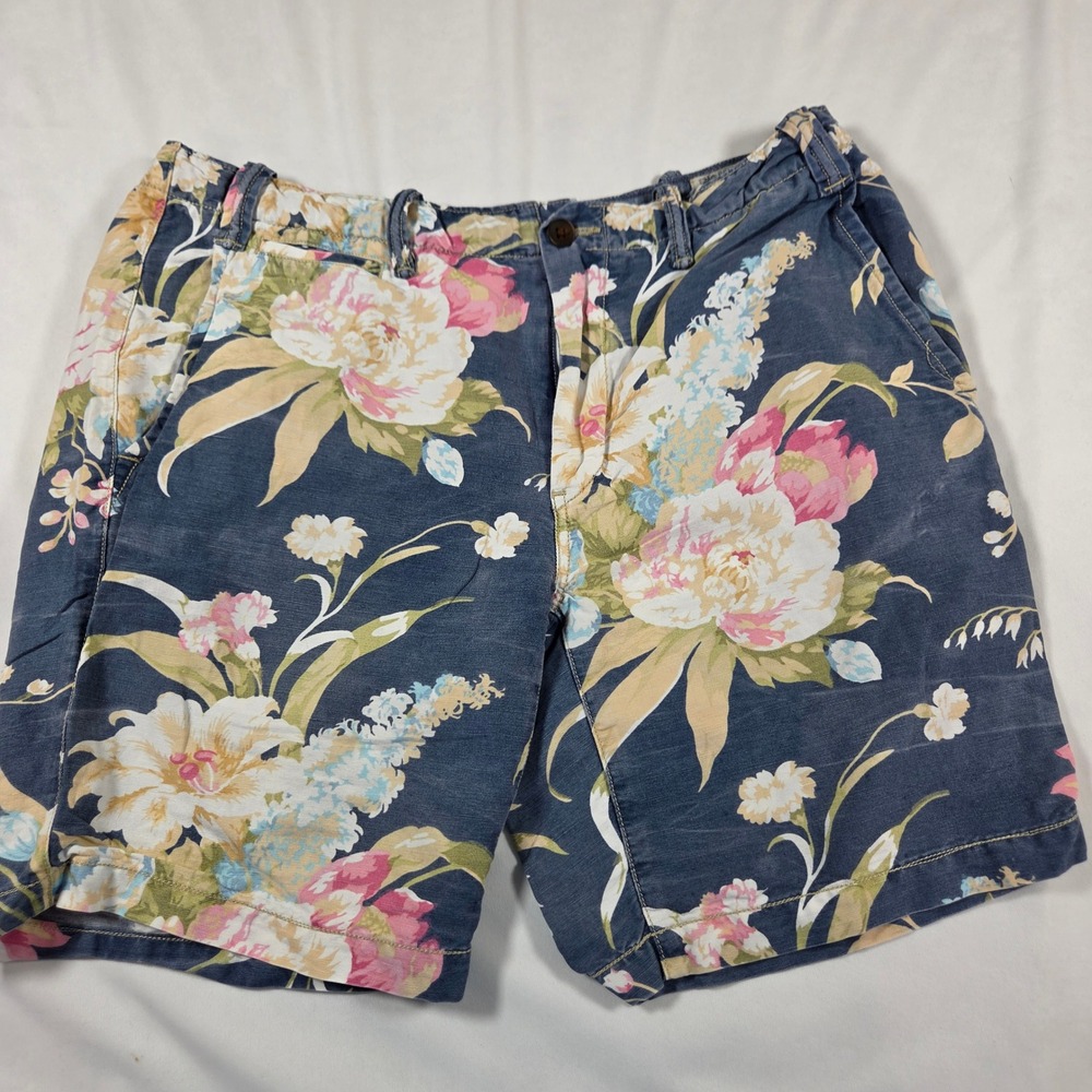 Vintage Polo Ralph Lauren Mens 34 Blue Floral Linen Blend Shorts Hawaiian Aloha